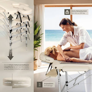 3 Zonen Massageliege mit 5cm Polsterung, Rollen und Aluminiumgestell beige