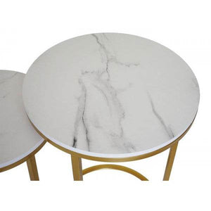 2er-Set Beistelltisch Kaffeetisch Nachttisch Loungetisch, Marmor-Optik FSC-zertifiziert MDF ~ weiss-gold