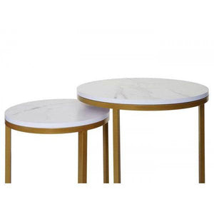 2er-Set Beistelltisch Kaffeetisch Nachttisch Loungetisch, Marmor-Optik FSC-zertifiziert MDF ~ weiss-gold