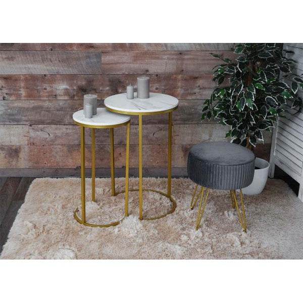 2er-Set Beistelltisch Kaffeetisch Nachttisch Loungetisch, Marmor-Optik FSC-zertifiziert MDF ~ weiss-gold