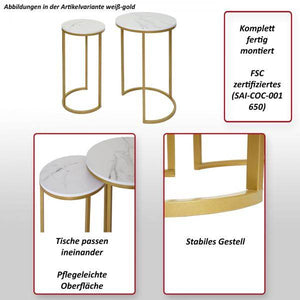 2er-Set Beistelltisch Kaffeetisch Nachttisch Loungetisch, Marmor-Optik FSC-zertifiziert MDF ~ weiss-gold