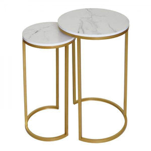 2er-Set Beistelltisch Kaffeetisch Nachttisch Loungetisch, Marmor-Optik FSC-zertifiziert MDF ~ weiss-gold