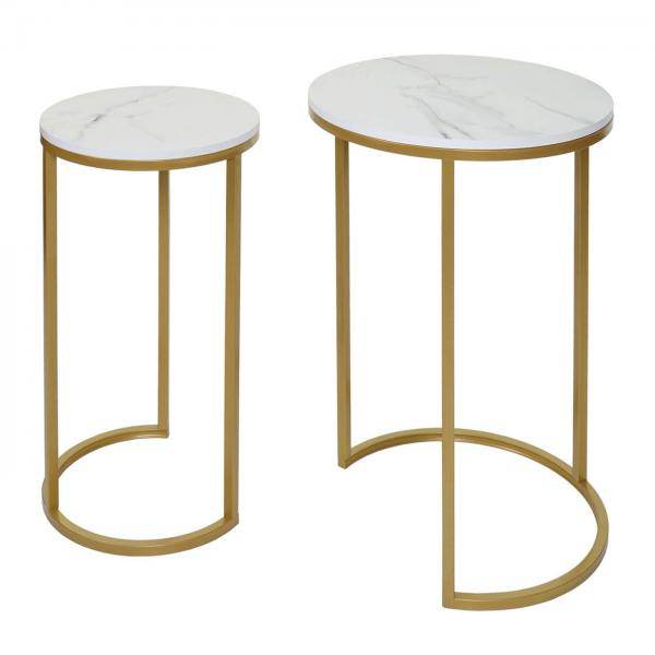 2er-Set Beistelltisch Kaffeetisch Nachttisch Loungetisch, Marmor-Optik FSC-zertifiziert MDF ~ weiss-gold