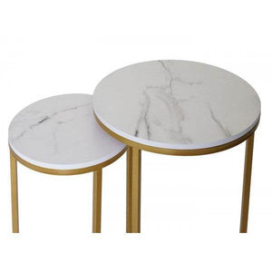 2er-Set Beistelltisch Kaffeetisch Nachttisch Loungetisch, Marmor-Optik FSC-zertifiziert MDF ~ weiss-gold