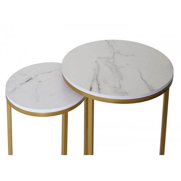2er-Set Beistelltisch Kaffeetisch Nachttisch Loungetisch, Marmor-Optik FSC-zertifiziert MDF ~ weiss-gold