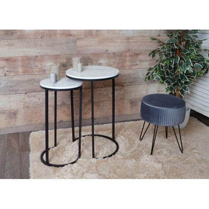 2er-Set Beistelltisch Kaffeetisch Loungetisch, Marmor-Optik FSC-zertifiziert MDF ~ weiss-schwarz