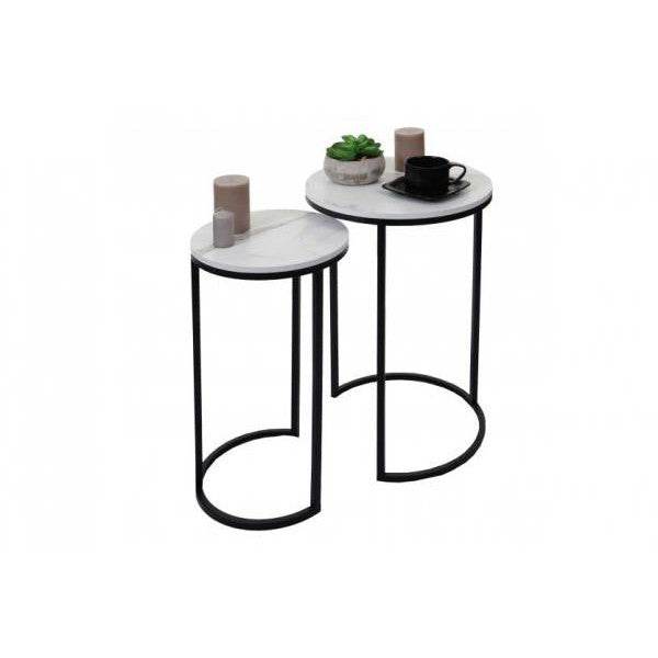 2er-Set Beistelltisch Kaffeetisch Loungetisch, Marmor-Optik FSC-zertifiziert MDF ~ weiss-schwarz