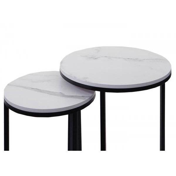 2er-Set Beistelltisch Kaffeetisch Loungetisch, Marmor-Optik FSC-zertifiziert MDF ~ weiss-schwarz
