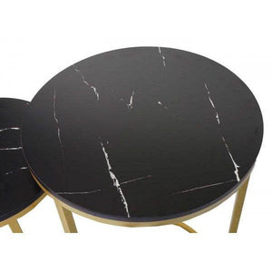 2er-Set Beistelltisch Kaffeetisch Nachttisch Loungetisch, Marmor-Optik FSC-zertifiziert MDF ~ schwarz-gold