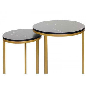 2er-Set Beistelltisch Kaffeetisch Nachttisch Loungetisch, Marmor-Optik FSC-zertifiziert MDF ~ schwarz-gold