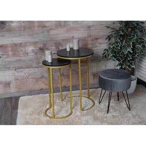 2er-Set Beistelltisch Kaffeetisch Nachttisch Loungetisch, Marmor-Optik FSC-zertifiziert MDF ~ schwarz-gold
