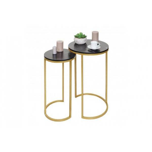 2er-Set Beistelltisch Kaffeetisch Nachttisch Loungetisch, Marmor-Optik FSC-zertifiziert MDF ~ schwarz-gold