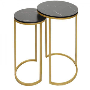 2er-Set Beistelltisch Kaffeetisch Nachttisch Loungetisch, Marmor-Optik FSC-zertifiziert MDF ~ schwarz-gold