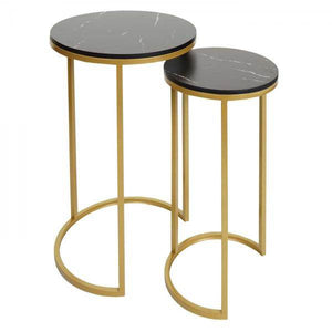 2er-Set Beistelltisch Kaffeetisch Nachttisch Loungetisch, Marmor-Optik FSC-zertifiziert MDF ~ schwarz-gold