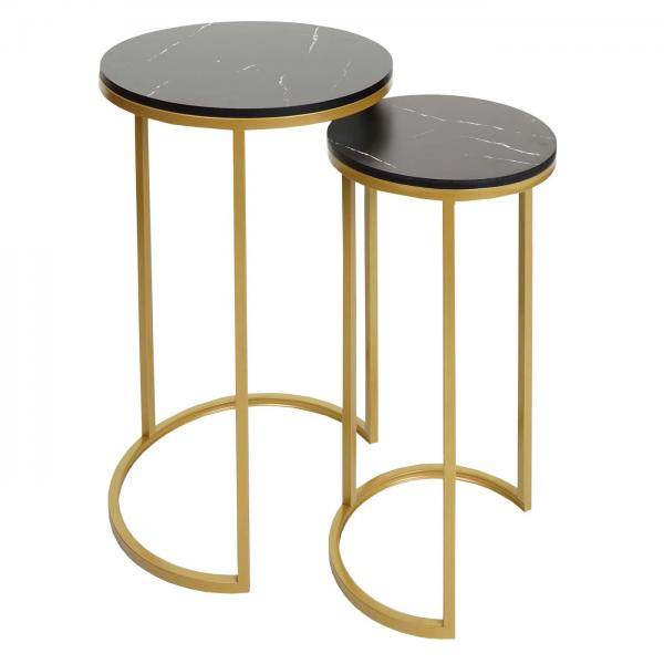 2er-Set Beistelltisch Kaffeetisch Nachttisch Loungetisch, Marmor-Optik FSC-zertifiziert MDF ~ schwarz-gold