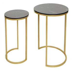 2er-Set Beistelltisch Kaffeetisch Nachttisch Loungetisch, Marmor-Optik FSC-zertifiziert MDF ~ schwarz-gold