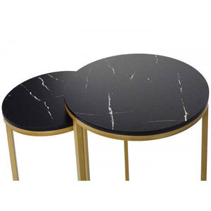2er-Set Beistelltisch Kaffeetisch Nachttisch Loungetisch, Marmor-Optik FSC-zertifiziert MDF ~ schwarz-gold