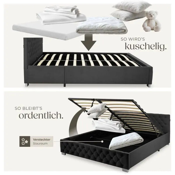 Polsterbett Daytona mit LED und Stauraum Samtoptik schwarz 180 x 200 cm
