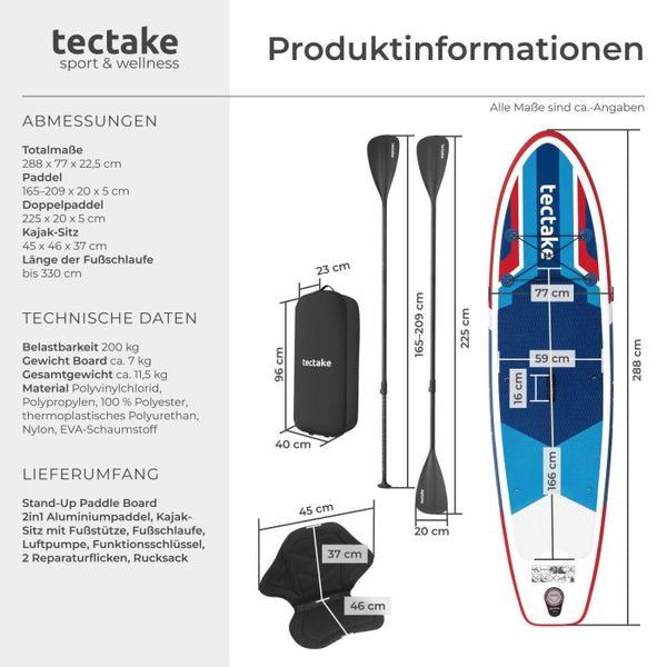 Stand-Up Paddle Board 2in1 Poseidon rot/blau 288 cm ohne Kamerahalterung