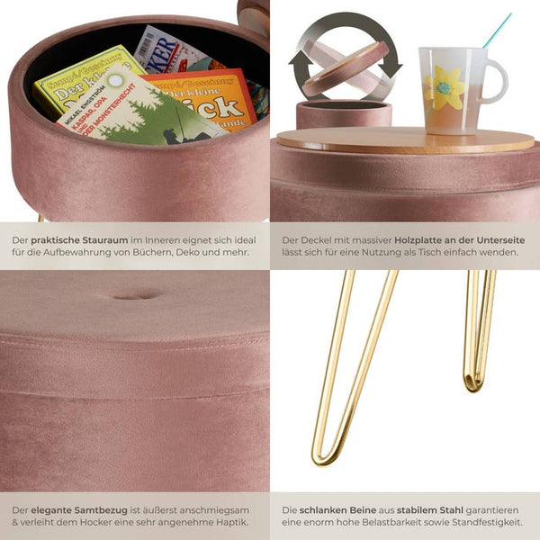 Sitzhocker Ava gepolstert in Samtoptik 300kg mit Stauraum - rosa