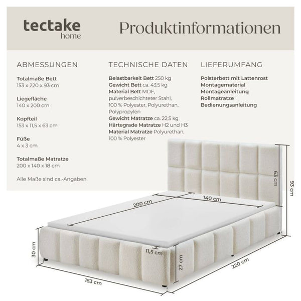 Bettset Polsterbett mit Matratze Teddy creme 140 x 200 cm