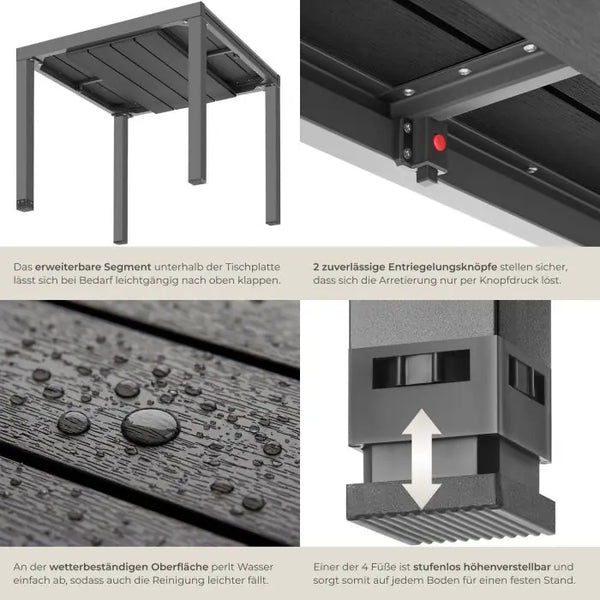 Gartentisch Inca Aluminium ausziehbar Holzoptik schwarz 80 x 80 (120) cm