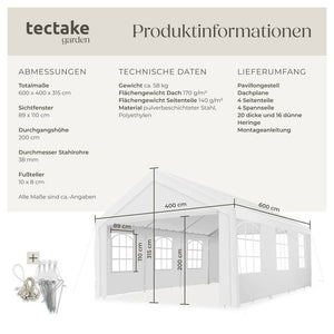 Garten Pavillon 6x4m mit 4 Seitenteilen