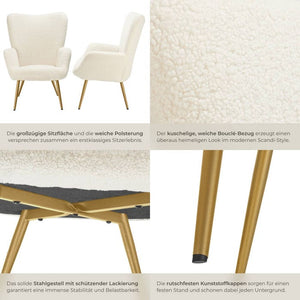 Sessel Hygge gepolstert, ergonomisch, Belastbarkeit 150 kg Bouclé creme/gold ohne Hocker