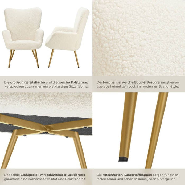 Sessel Hygge gepolstert, ergonomisch, Belastbarkeit 150 kg Bouclé creme/gold ohne Hocker