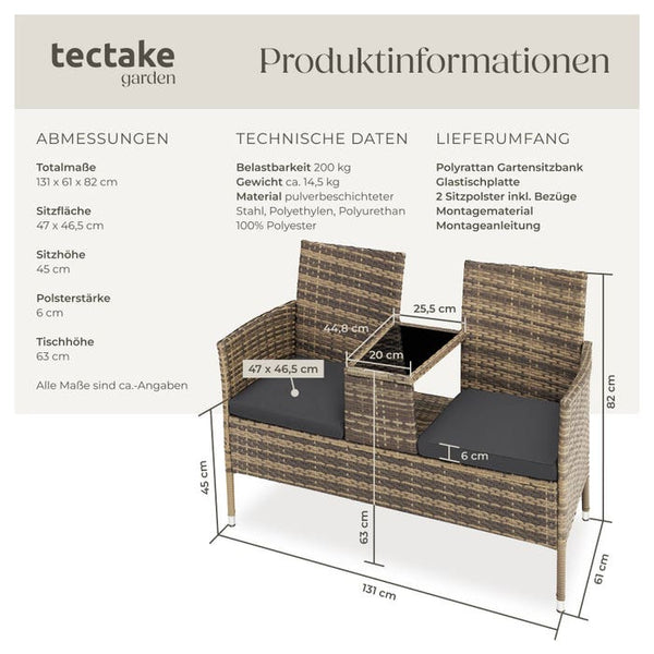 Rattan Gartensitzbank mit Tisch natur/dunkelgrau