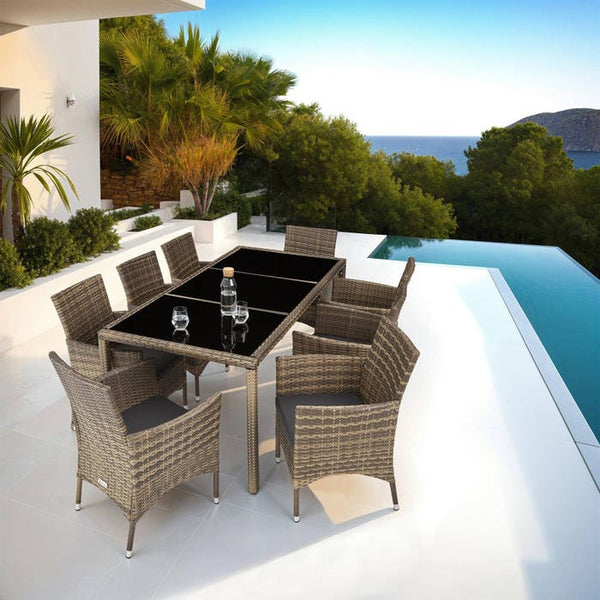 Rattan Sitzgruppe 8+1 mit Schutzhülle natur/dunkelgrau