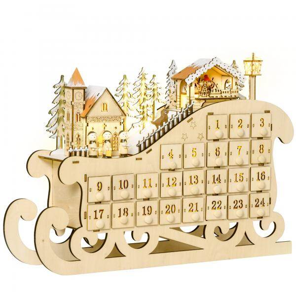 Adventskalender zum Befüllen 24 Schubladen Fächer Weihnachtskalender mit LED-Lichtern Schlitten-Form