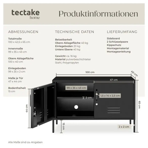 Sideboard Baker Metall mit Magnetverschluss schwarz 100 x 42,5 x 65 cm