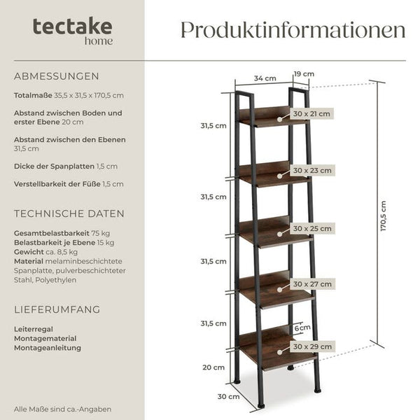 Leiterregal Folkestone Industrial Holz dunkel, rustikal 35,5 x 31,5 x 170,5 cm
