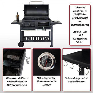 Holzkohlegrill HWC-K94, Grillwagen Standgrill BBQ Gartengrill mit Deckel Ablage, Stahl Emaille 110x153x60cm schwarz