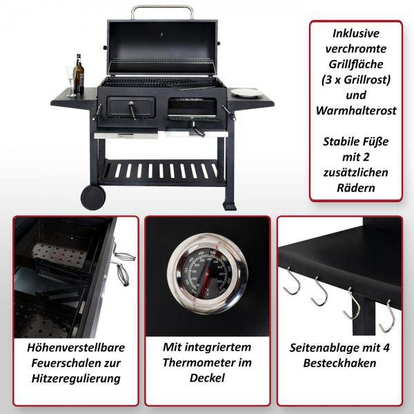 Holzkohlegrill HWC-K94, Grillwagen Standgrill BBQ Gartengrill mit Deckel Ablage, Stahl Emaille 110x153x60cm schwarz