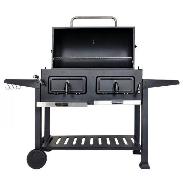 Holzkohlegrill HWC-K94, Grillwagen Standgrill BBQ Gartengrill mit Deckel Ablage, Stahl Emaille 110x153x60cm schwarz