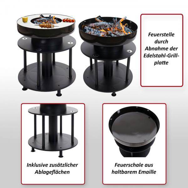 Feuerschale mit Grill HWC-K95, Feuerstelle Grill BBQ, Grillplatte Ablagefläche, Stahl Edelstahl Emaille Ø 56cm schwarz