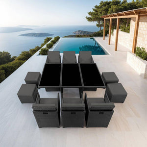 Aluminium Rattan Sitzgruppe New York 6+4+1, schwarz