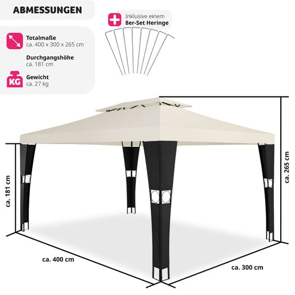 Rattan Garten Pavillon Mona 3x4m schwarz/crème