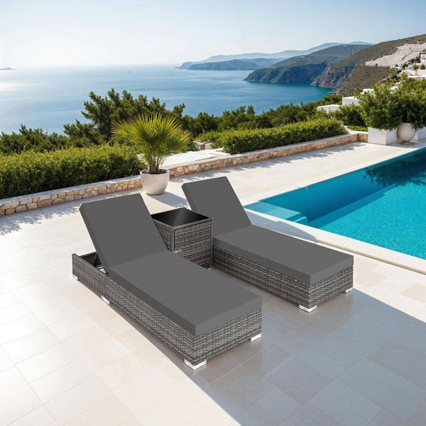 2 lettini prendisole in alluminio e polyrattan + tavolo grigio