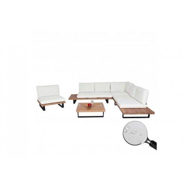Garten-Garnitur mit Sessel Lounge-Set Sofa, Spun Poly Akazie Holz MVG Aluminium ~ hellbraun, Polster cremeweiss