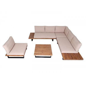 Garten-Garnitur mit Sessel Lounge-Set Sofa, Spun Poly Akazie Holz MVG Aluminium ~ hellbraun, Polster beige