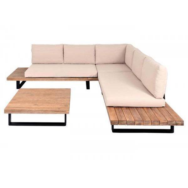 Garten-Garnitur mit Sessel Lounge-Set Sofa, Spun Poly Akazie Holz MVG Aluminium ~ hellbraun, Polster beige