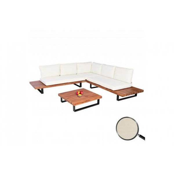 Garten-Garnitur HWC-H54, Garnitur Sitzgruppe Lounge-Set, Spun Poly Akazie Holz MVG Alu ~ braun, Polster cremeweiss