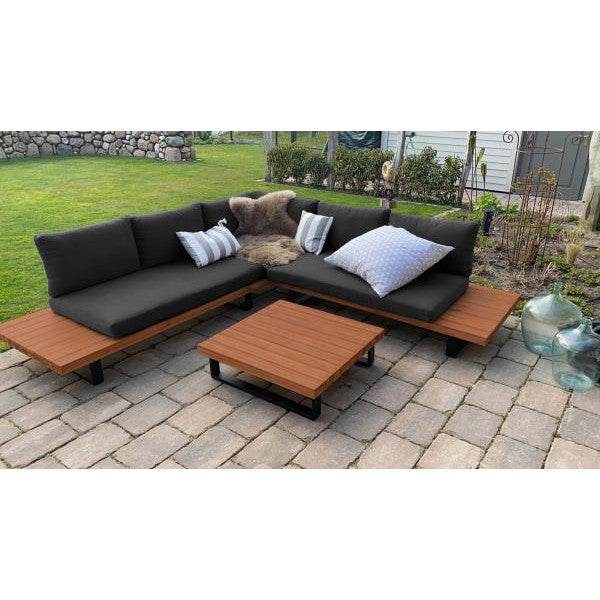 Garten-Garnitur HWC-H54, Garnitur Sitzgruppe Lounge-Set, Spun Poly Akazie Holz MVG Alu ~ braun, Polster dunkelgrau