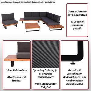 Garten-Garnitur mit Sessel Lounge-Set Sofa, Spun Poly Akazie Holz MVG Aluminium ~ braun, Polster dunkelgrau