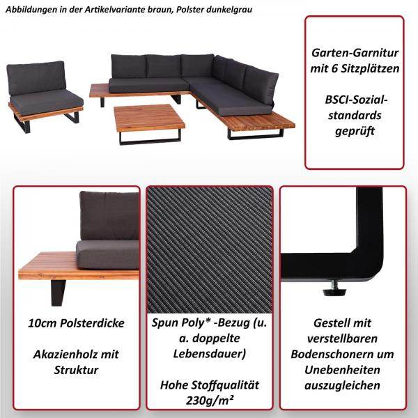 Garten-Garnitur mit Sessel Lounge-Set Sofa, Spun Poly Akazie Holz MVG Aluminium ~ braun, Polster dunkelgrau