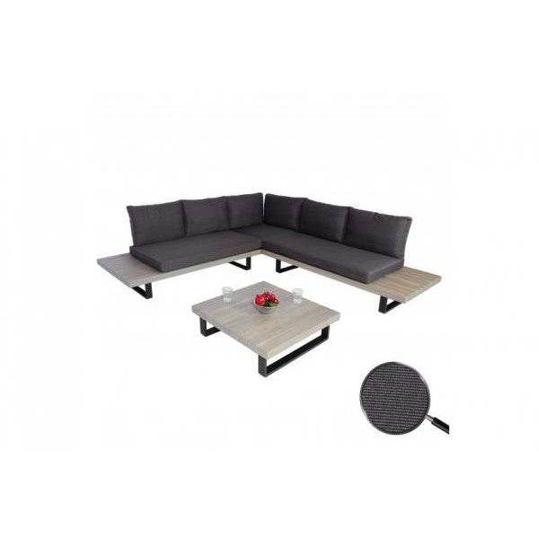 Garten-Garnitur HWC-H54, Garnitur Sitzgruppe Lounge-Set, Spun Poly Akazie Holz MVG Alu ~ grau, Polster dunkelgrau