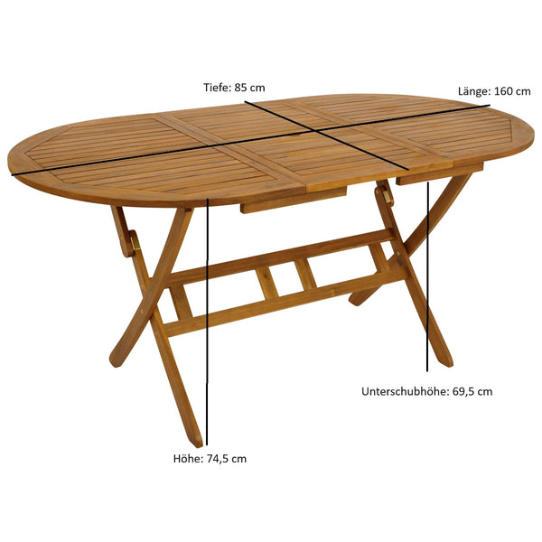 Klapptisch BENITA 85x160cm oval, Akazie geölt
